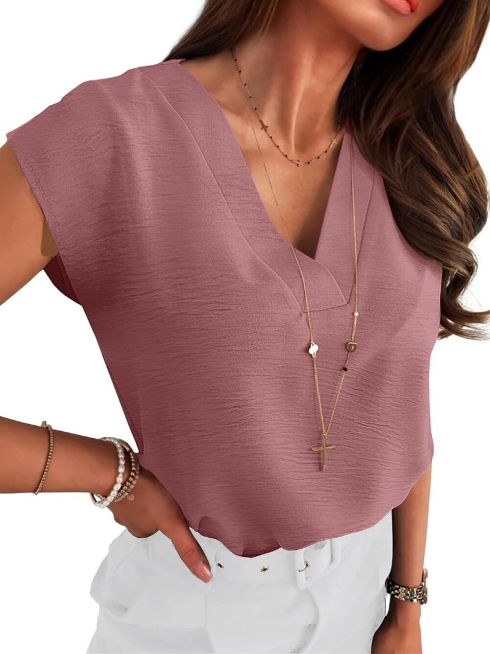 Women's Dusty Rose Summer Comfortable V Neck Cap Sleeve Trendy Stylish Tops